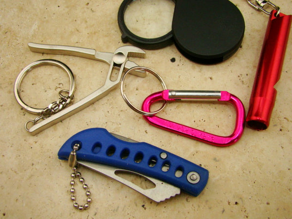 Gold Miners Special!! Lot of 5 Key Chains-Loupe-Wrench-Carabineer-Knife-Whistle
