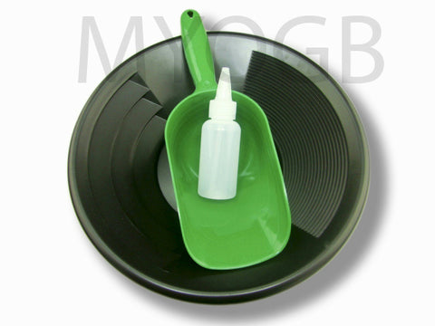 Gold Panning Kit 12" Black Pan - Bottle Snuffer & Green Scoop-Mining Prospecting