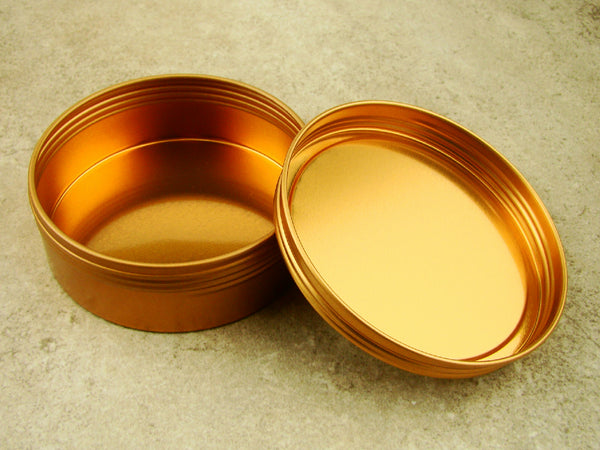 Set of 2 Gold 3In Round Sample Tins, Screw On Lid, Metal, Specimen Container