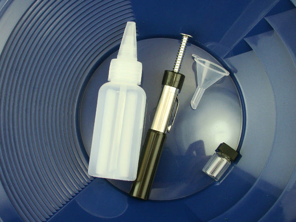 1- 12" Blue Gold Pan - 5" Snuffer Bottle - Magnet Tool - Funnel & 1" Vial