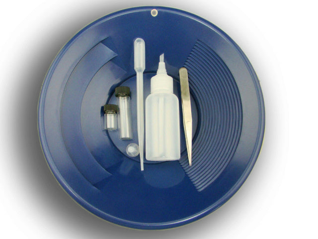 6 Pc Gold Panning Clean up Kit-Snuffer-Sniffer-Tweezers-2 Vials-Blue 10" Pan