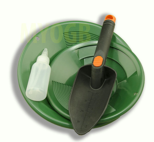 Gold Panning Kit 10" & 8" Green Pans Bottle Snuffer & Scoop-Mining Prospecting