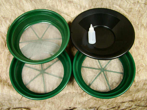 3 Large Screens 1/8-1/12-1/20" Classifiers-Sifting +14" Black Gold Pan & Snuffer