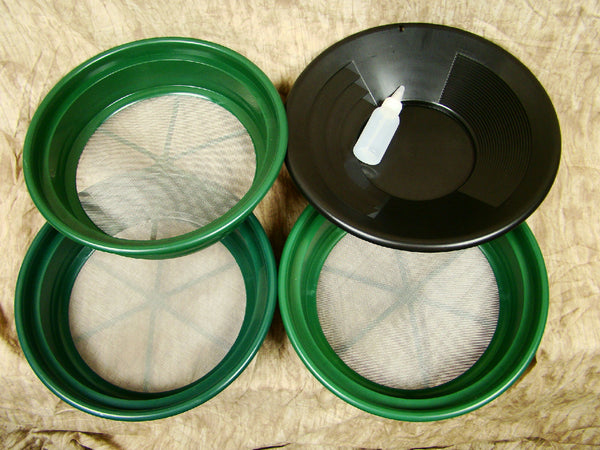 3 Large Screens 1/20-1/30-1/50"Classifiers-Sifting +14" Black Gold Pan & Snuffer