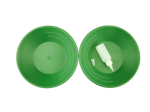 Lot of 2 Green Gold Pans w/ Bottle Snuffer-Panning Kit-Mining-Prospecting