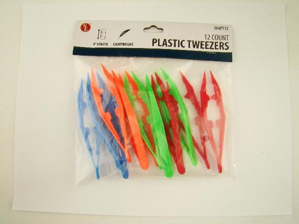 Package of 12 Plastic 4 Inch Lightweight Tweezers 3 Blue 3 Orange 3 Green 3 Red