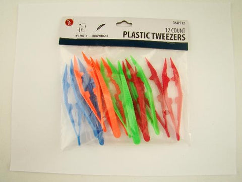 Package of 12 Plastic 4 Inch Lightweight Tweezers 3 Blue 3 Orange 3 Green 3 Red