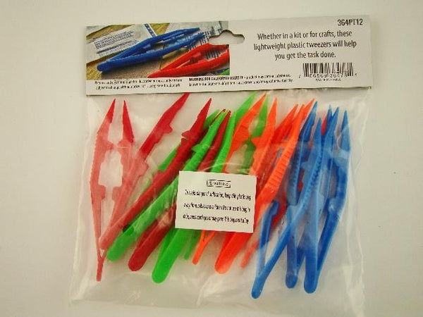 Package of 12 Plastic 4 Inch Lightweight Tweezers 3 Blue 3 Orange 3 Green 3 Red