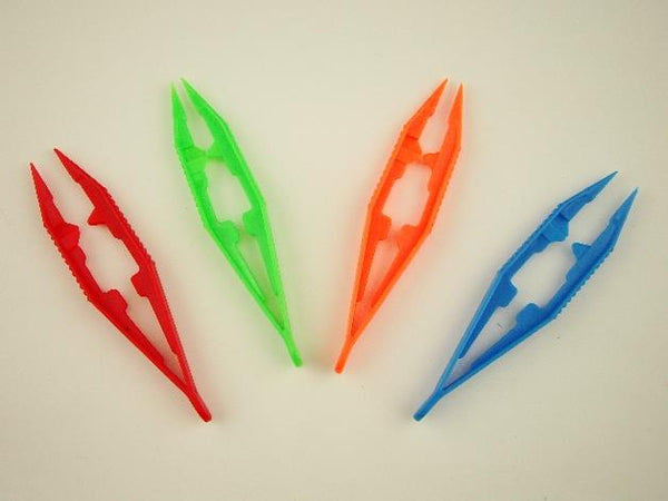 Package of 12 Plastic 4 Inch Lightweight Tweezers 3 Blue 3 Orange 3 Green 3 Red