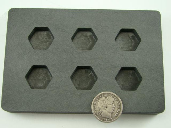 High Density Graphite Mold 1/2 oz Gold Bar Silver 6-Cavities Hexagon Copper