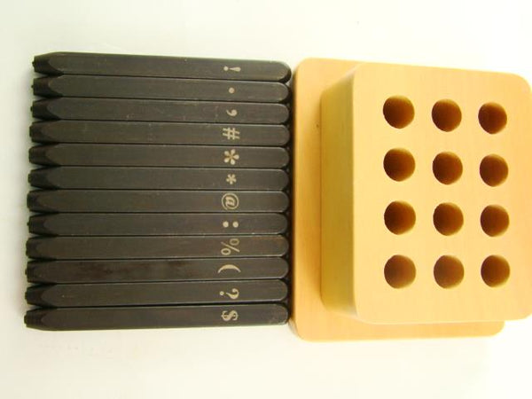 12 pc Punctuation Set  $ # @ % * ( : . , ! ?   Steel Stamp Punch w/Wood Stand