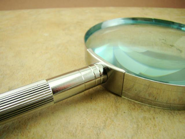 4" Glass 2X Hand Held Magnifier Glass Lens,  Metal Body - Gold Minerials Gems