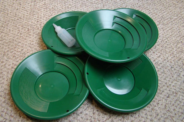 Lot of 5- 10" Green Gold Pans w/ Bottle Snuffer-Panning Kit-Mining BackPack