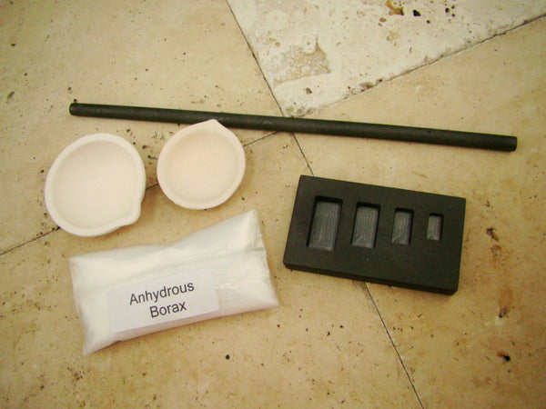 Gold Silver Melting Kit-1/4oz thru 2oz Mold-Stir Rod-Tong-Borax-2 Crucible Set