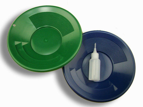 Lot of 2 - 10" Blue & Green Gold Pans w/ Bottle Snuffer-Panning Kit-Mining