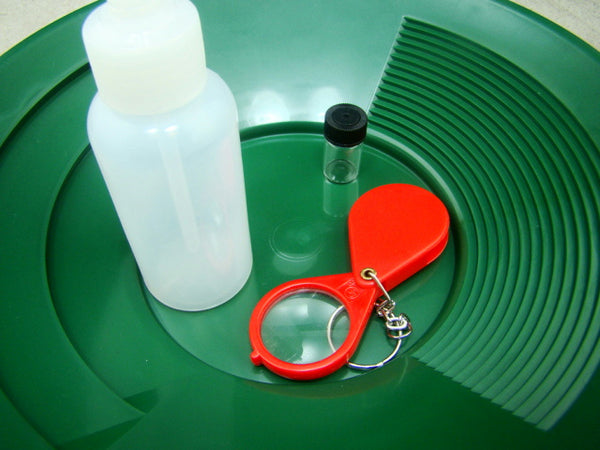 10" Green Gold Pan-Snuffer Bottle-Glass Vial-Magnifying Glass-Panning Kit Mining