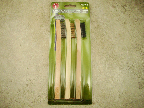 3- 8" Wooden Handle Wire Brush Set, Stainless Steel, Brass, Nylon, Prospecting