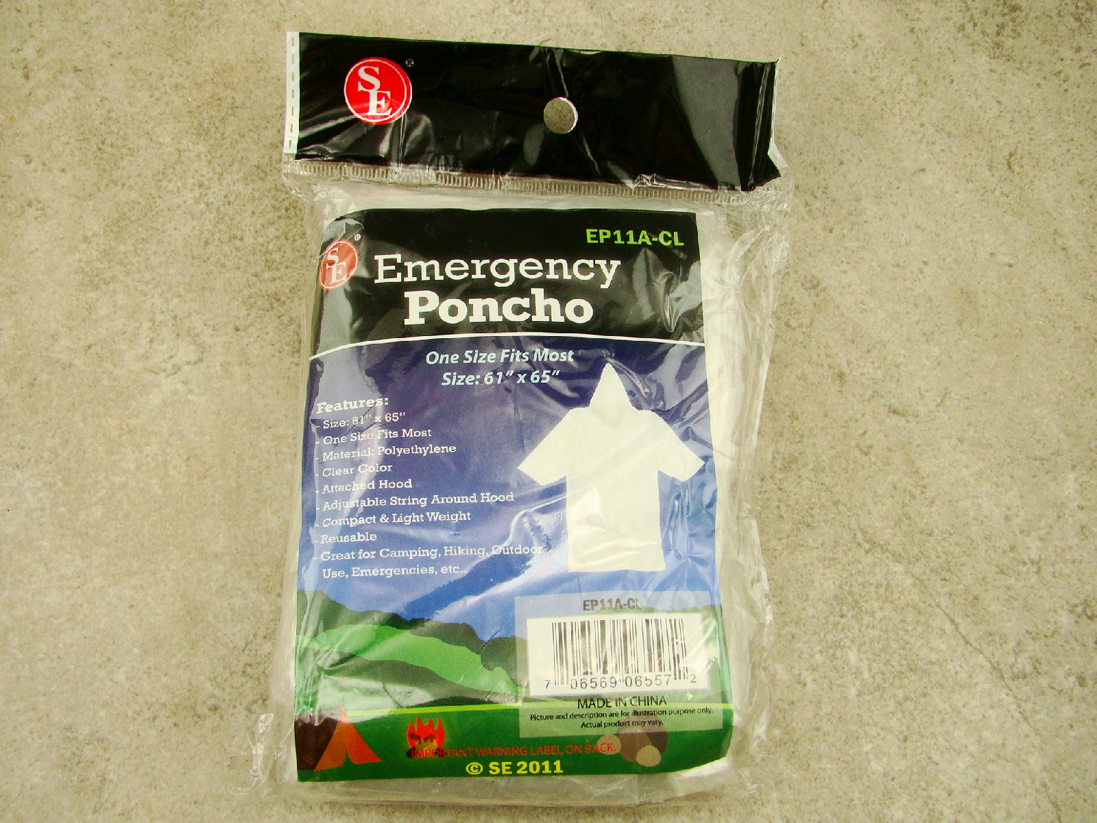 Emergency Poncho, Attached Hood, Adjustable String, Reusable, Camping, Hiking