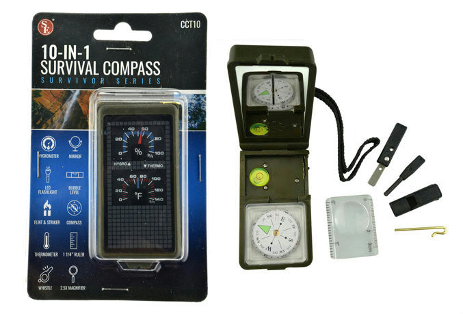 10 in 1 Camping/ Survival Tool-Compass-Fire Starter-Mirror-Thermometer-LED Light