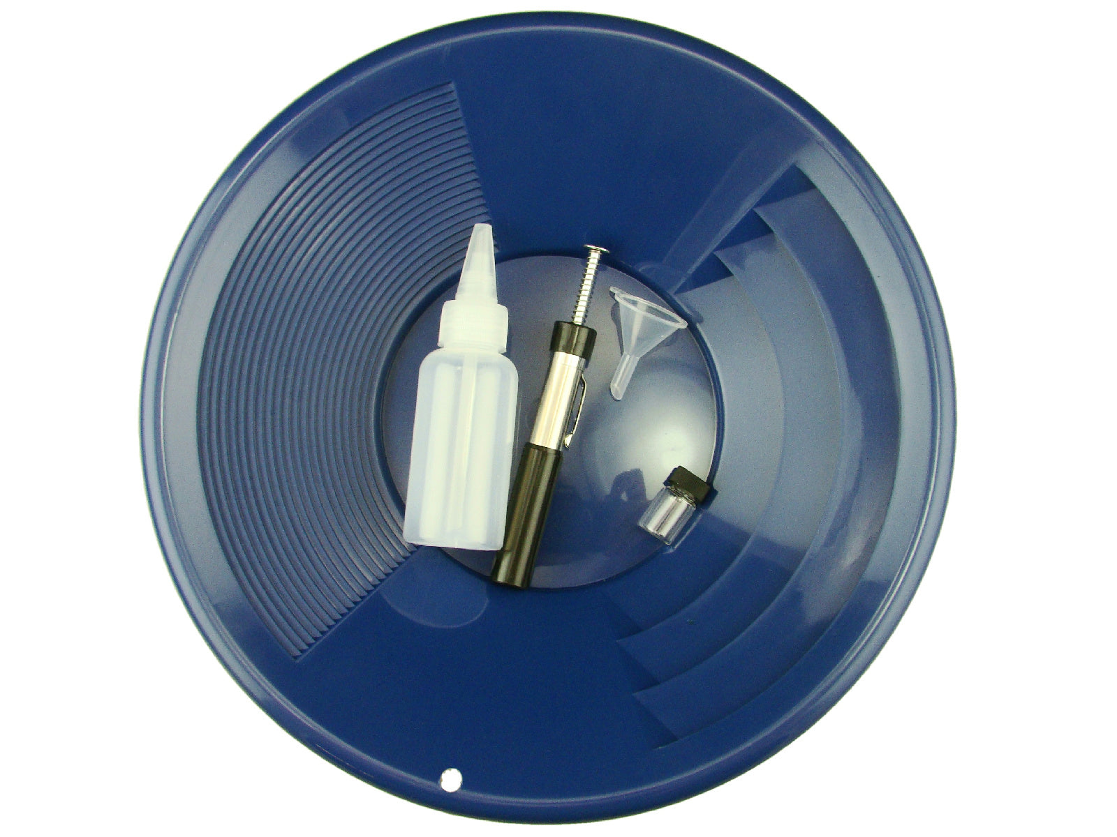 1- 12" Blue Gold Pan - 5" Snuffer Bottle - Magnet Tool - Funnel & 1" Vial