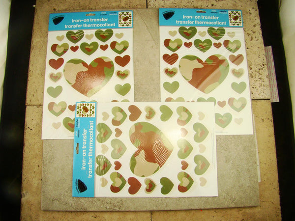 Valentines Green and Brown Camouflage Iron-on Patches Transfer Hearts 3 Pack