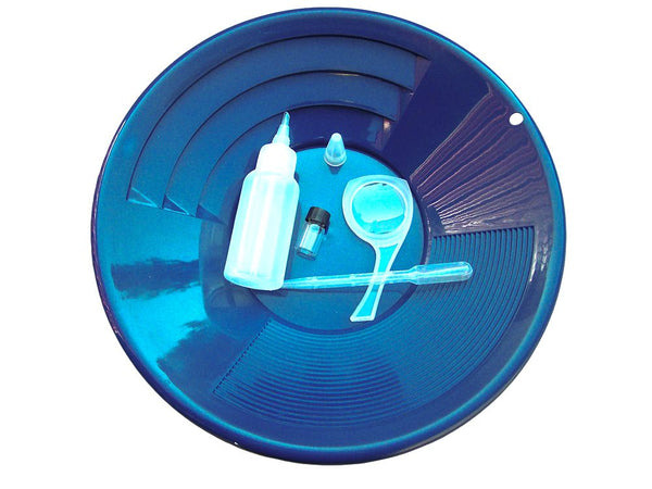 12" BLUE 5pc Gold Pan Panning Kit Snuffer, Magnifier, Bubble & Vial